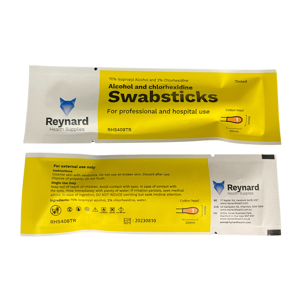 Reynard Health Supplies 70% Alcohol 2% Chlorhexidine Antiseptic Cotton Swabstick, Red Tinted, Individually Sealed - Box of 50