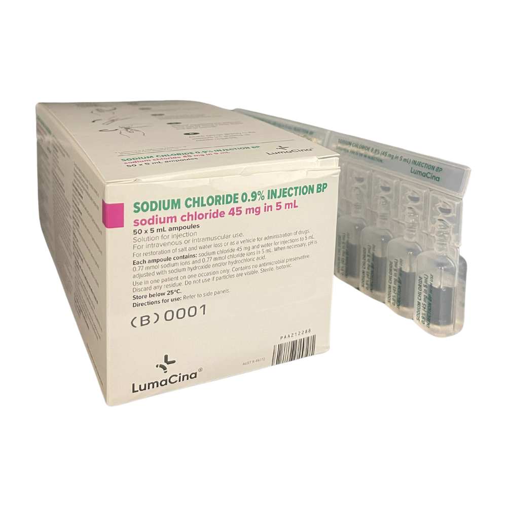 LumaCina Sodium Chloride INJECTION Solution 0.9%, Sterile 5mL - Box of 50 Ampoules - Medisa