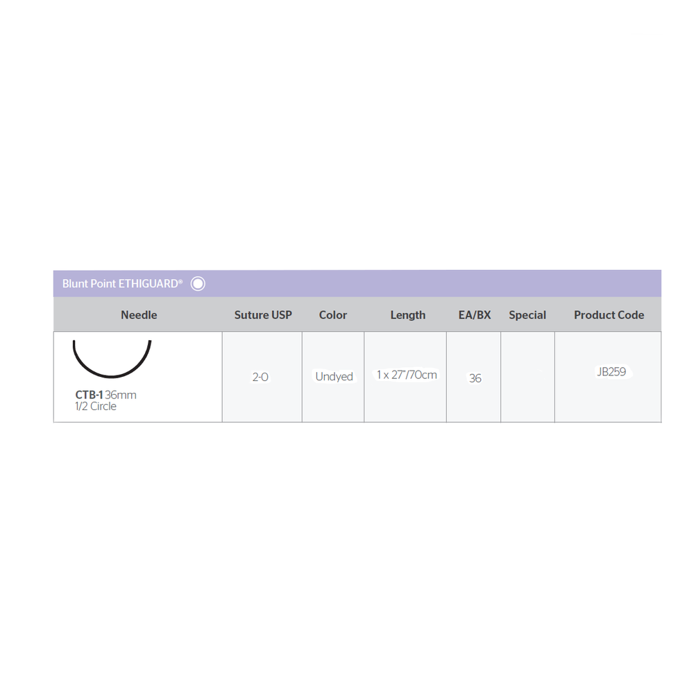 Ethicon Coated VICRYL (polyglactin 910) Suture Blunt Point ETHIGUARD CTB-1 36mm 1/2 Circle 2-0 Undyed Braided 1 x 27”/70cm - Box of 36