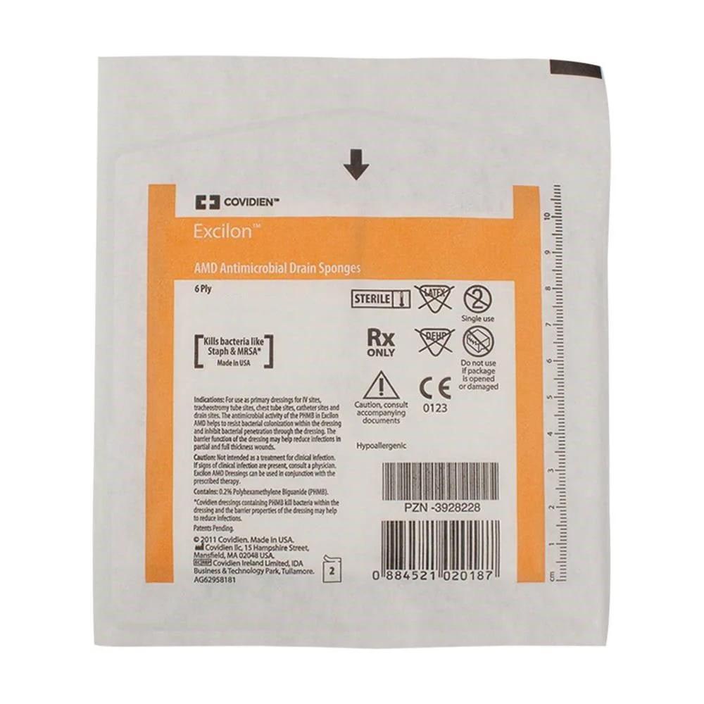 Covidien Excilon AMD Antimicrobial Non-Woven Drain Sponges 4x4 6 Ply, (Pktx2) Box of 300 (7088)