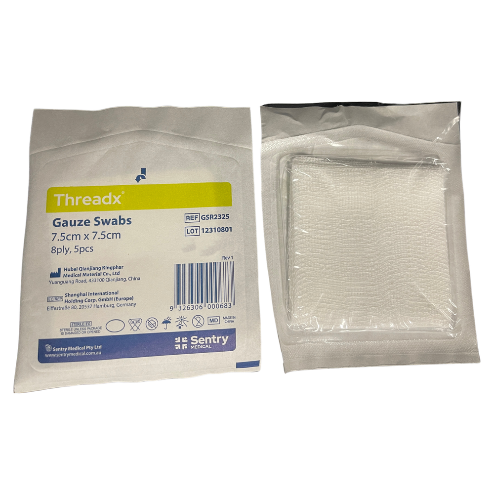 Sentry Threadx Gauze Swabs 7.5cm x 7.5cm Sterile 8Ply GSR2325