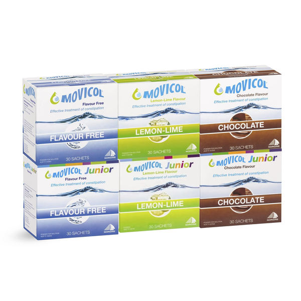 Movicol Sachets 13.8g Adult / 6.9g Junior, Pack of 30 Sachets (Lemon Lime / Chocolate / Flavour Free)