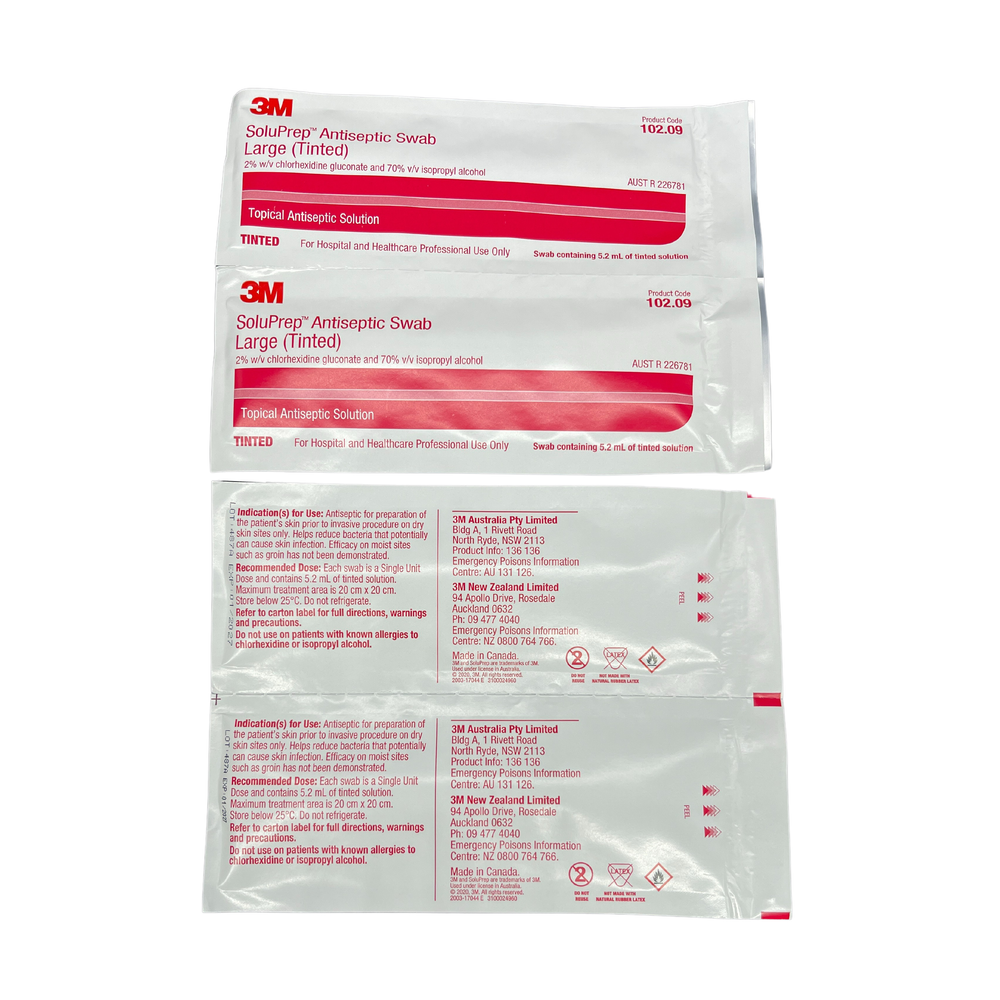 3M SoluPrep Large Swab Tinted 2% w/v Chlorhexidine Gluconate And 70% v/v Isopropyl Alcohol, Box of 30 (102.09)