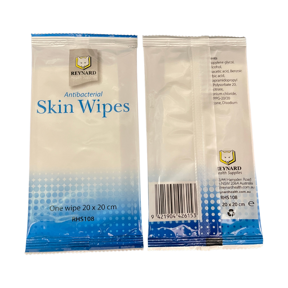 Reynard Antibacterial Skin Wipes, Individually Sealed, White, 20 x 20 cm - Box of 50 