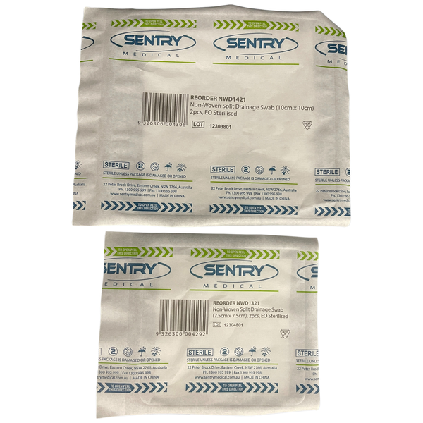 Sentry Non-Woven Split Drainage Swab 7.5cm x 7.5cm, 10cm x 10cm - Box of 50