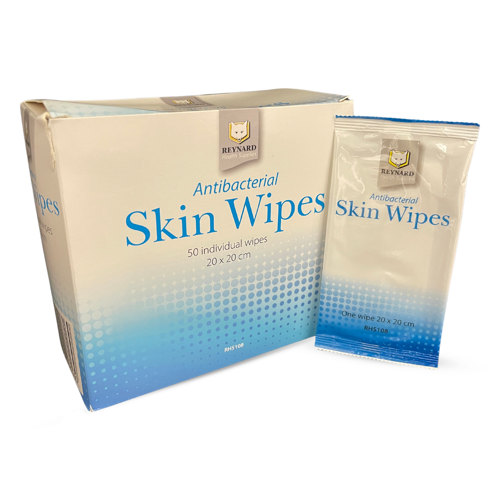 Reynard Antibacterial Skin Wipes, Individually Sealed, White, 20 x 20 cm - Box of 50 