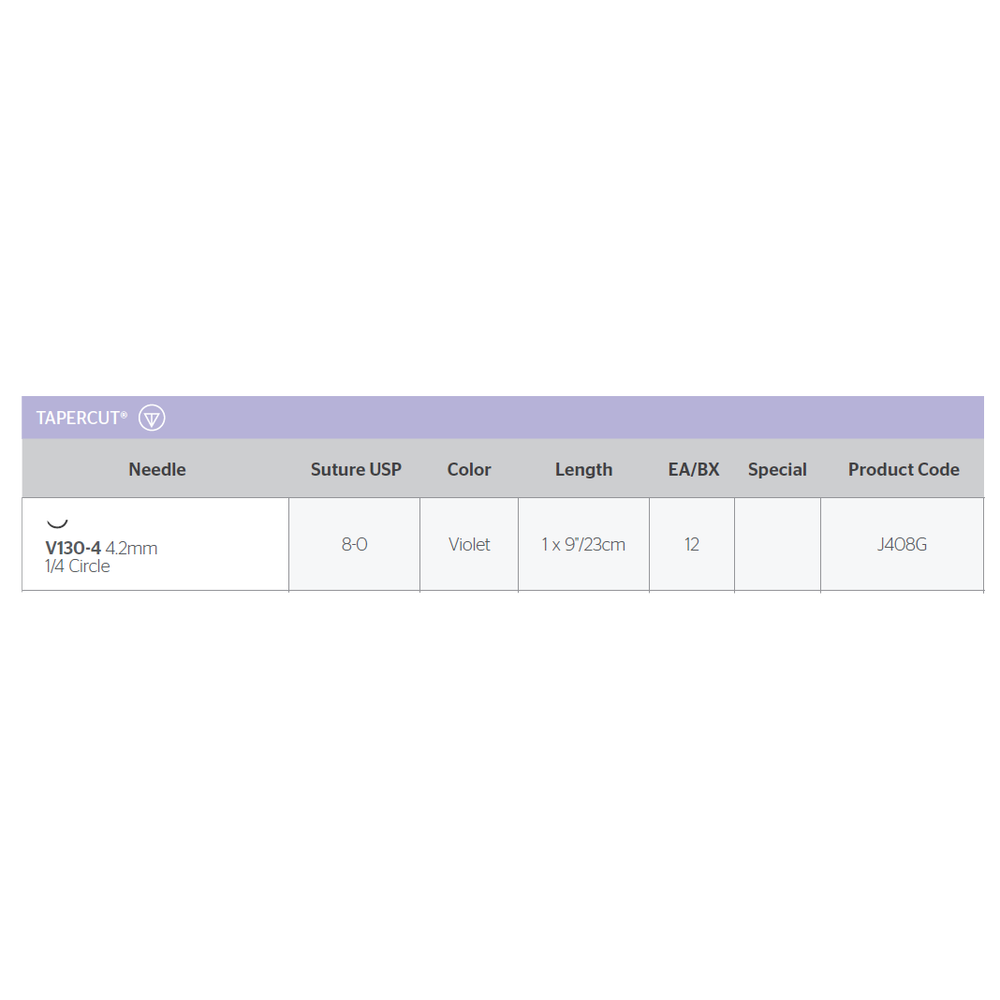 Ethicon Coated VICRYL (polyglactin 910) Suture TAPERCUT V130-4 4.2mm 1/4 Circle 8-0 Violet Braided 1 x 9