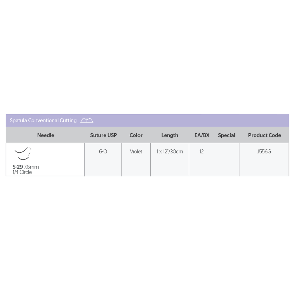 Ethicon Coated VICRYL (polyglactin 910) Suture Spatula Conventional Cutting S-29 7.6mm 1/4 Circle 6-0 Violet Braided 1 x 12”/30cm J556G - Box of 12