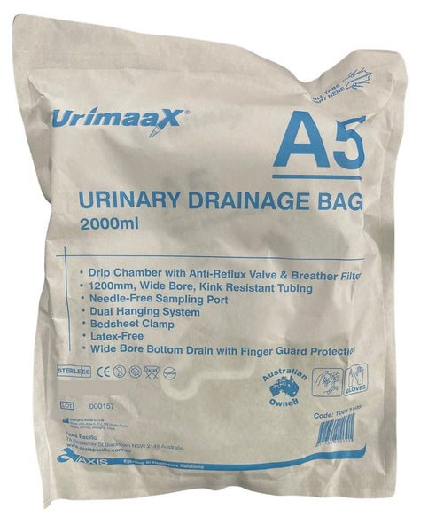 Aaxis Urimaax Drainage Night Bag A5 2000mL Sterile 120cm Tube Lever Tap (10013105)