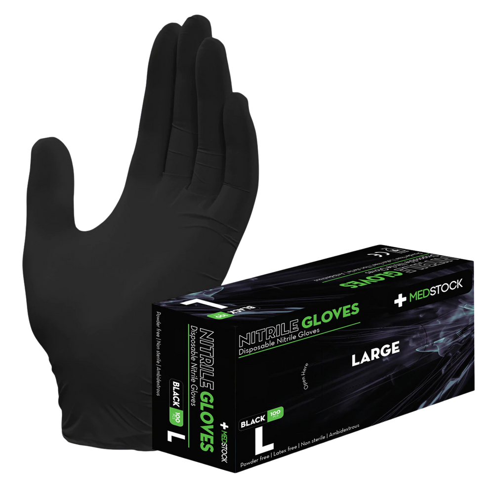 Medstock Nitrile Disposable Gloves Black Powder Free Latex Free Textured