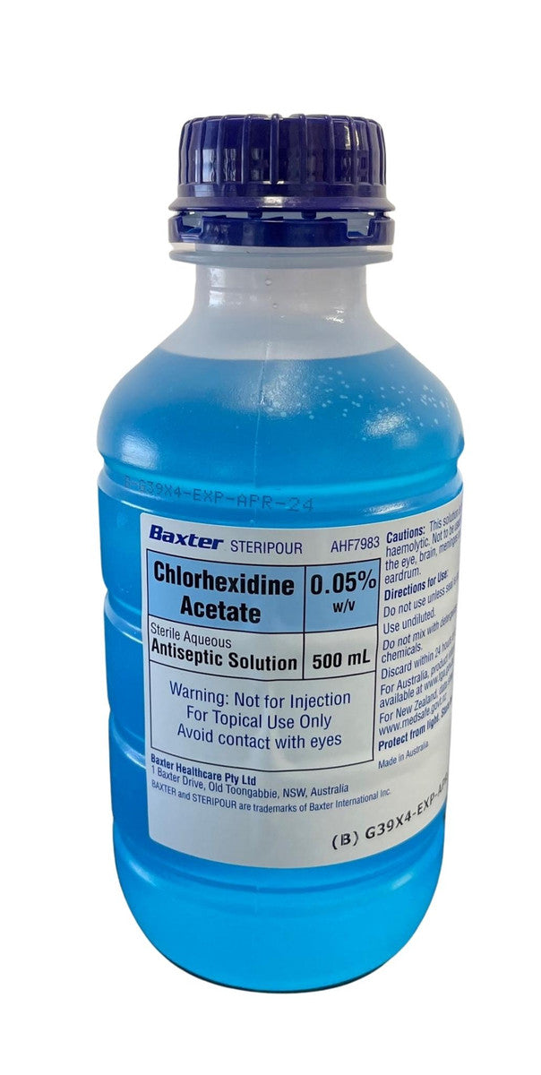 Baxter Chlorhexidine Acetate Aqueous 0.05% w/v Blue 500ml Bottle AHF7983