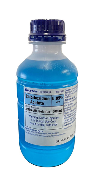 Baxter Chlorhexidine Acetate Aqueous 0.05% w/v Blue 500ml Bottle AHF7983 - Each