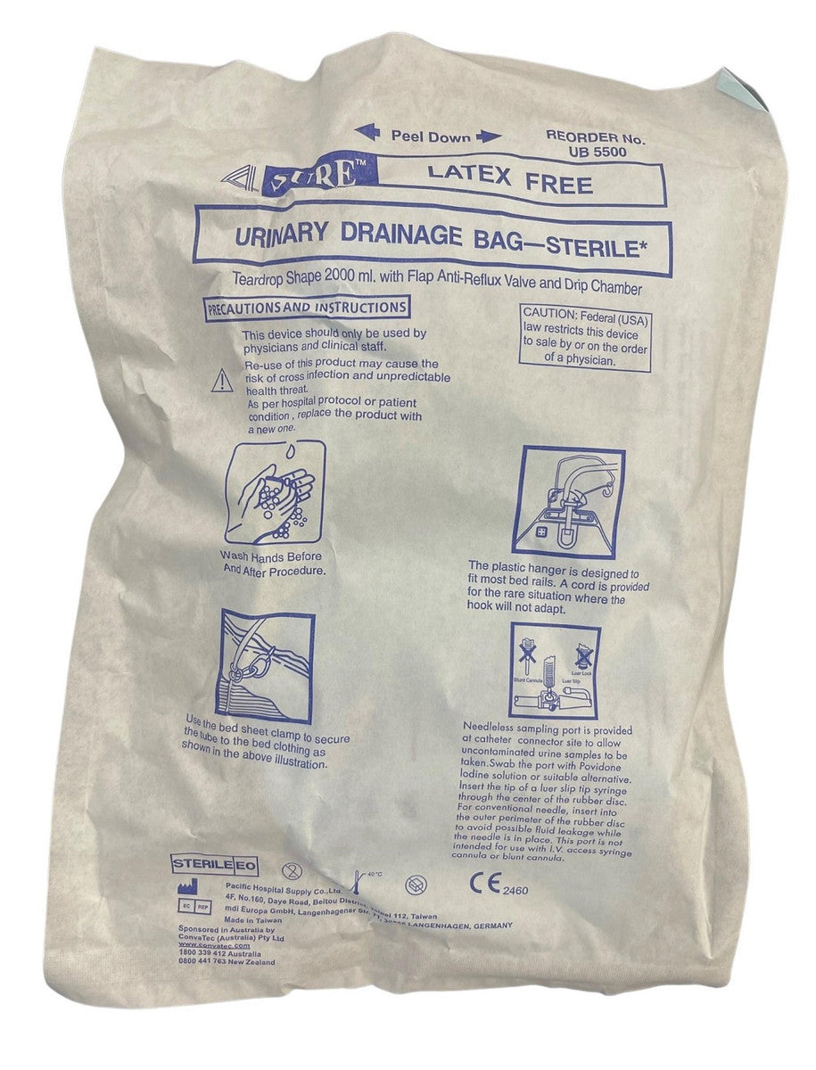 4Sure Drain Bag Closed System S4 Urinary Drainage 2000ml 120cm