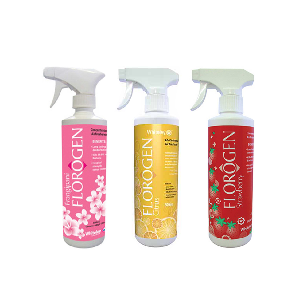 Whiteley Florogen Concentrated Alcohol Based Air Freshener 500mL, Frangipani, Citrus, Strawberry - Each