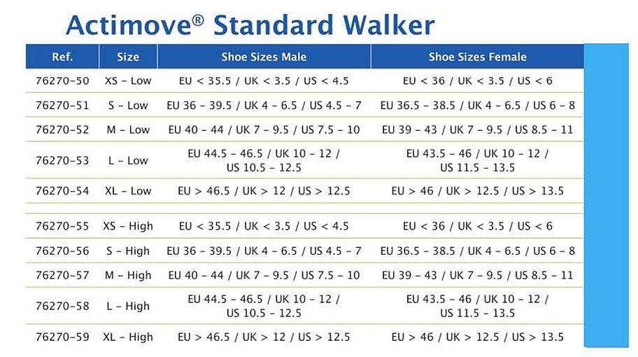 Walkasins Rxfunction Size Chart Actimove Standard Ankle Walker Black, Box of 1 - All Sizes – Medisa