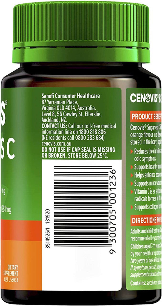 Cenovis Sugarless C 500Mg Orange Flavour Tablets Jar Of 100