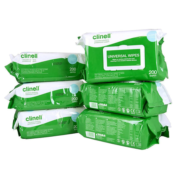 6 packs - Clinell Universal Sanitising Wipes, 25cm x 25cm Green (Pack of 200) - CW200AUS