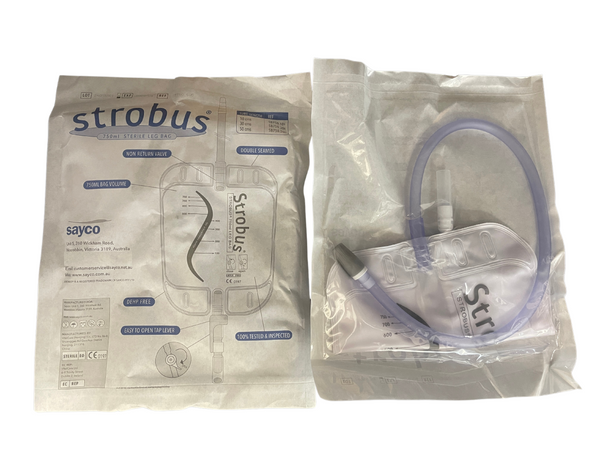 Sayco Strobus Sterile Leg Bag 750mL 50cm Inlet Tubing + 2 Straps, Box of 10 (SB750.50s)