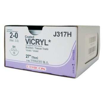 Coated VICRYL (polyglactin 910) Suture Blunt Point ETHIGUARD CTB-1 36mm 1/2 Circle 2-0 Undyed Braided 1 x 27”/70cm - Box of 36