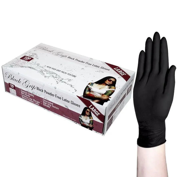 Black Grip Thick Heavy Duty Biodegradable Latex Gloves Large, Powder Free, Black, 100pcs / Box (GLPFBTL)