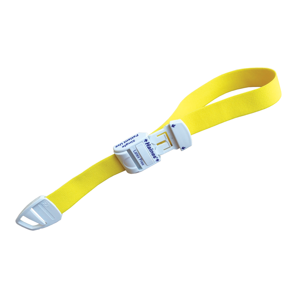 Single Patient Use Tourniquet with white plastic clip for adjustment