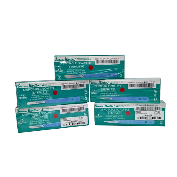 Swann-Morton Disposable Scalpel Stainless Steel Blade Attached to Handle Sterile, Box of 10 - All Sizes
