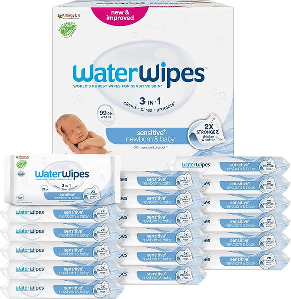 WaterWipes Sensitive+ Newborn & Baby Wipes 99.9% Water - 1 Ctn (18 x 60wipes / Pack)